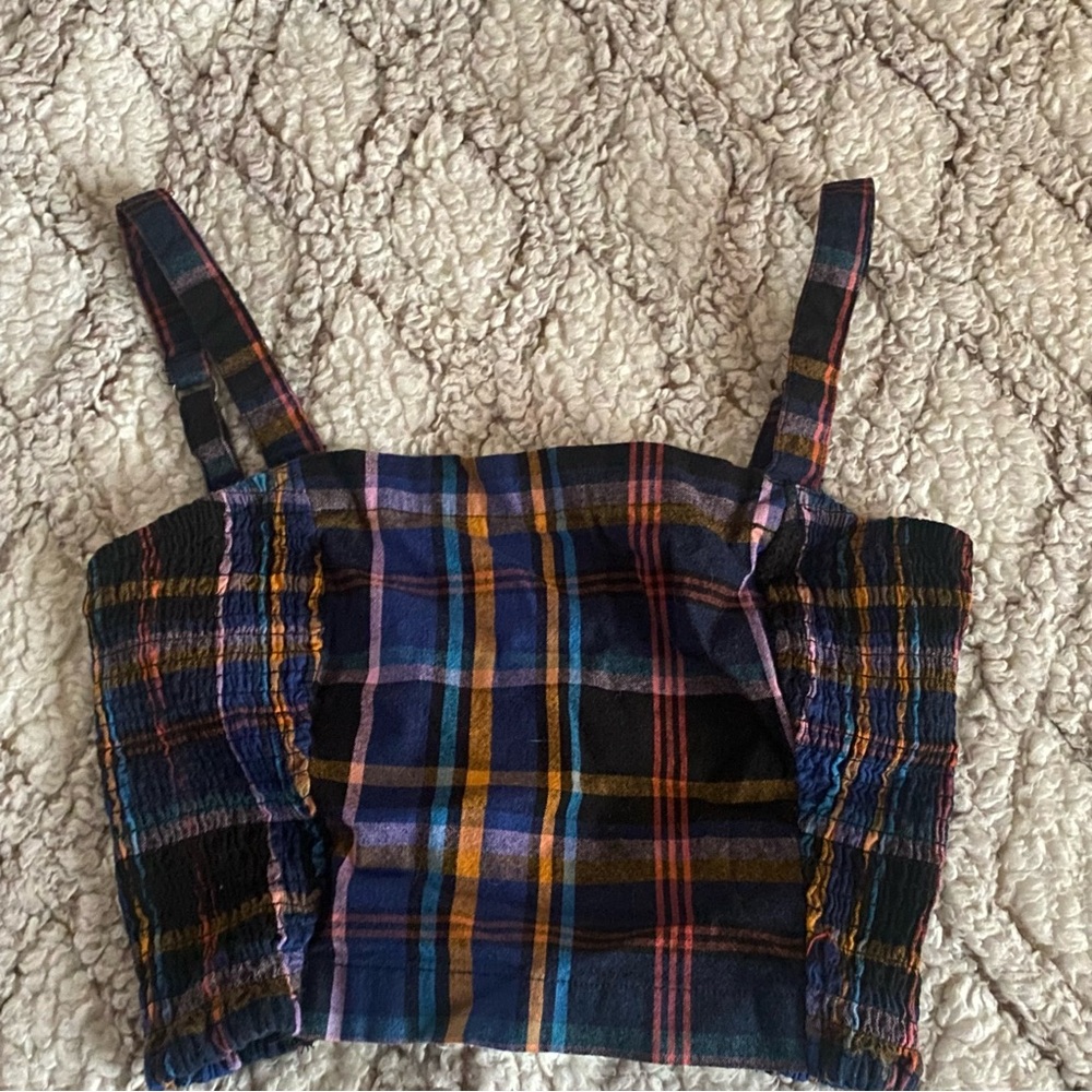 Hollister Crop Top Size Small Multicolor Plaid Adjustable Strap Festival Smocked